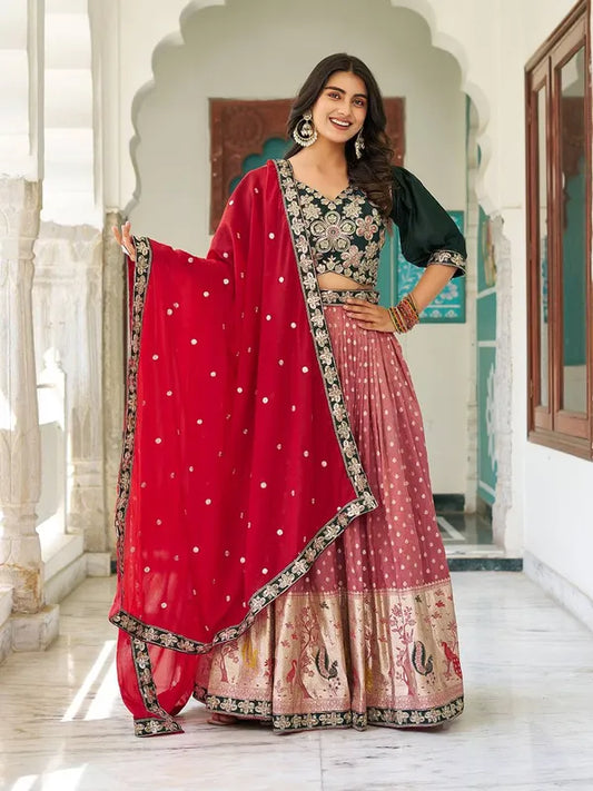 Women's Ethnic Navratri Red Lehenga Choli with Embroidered Blouse & Bandhani Dupatta