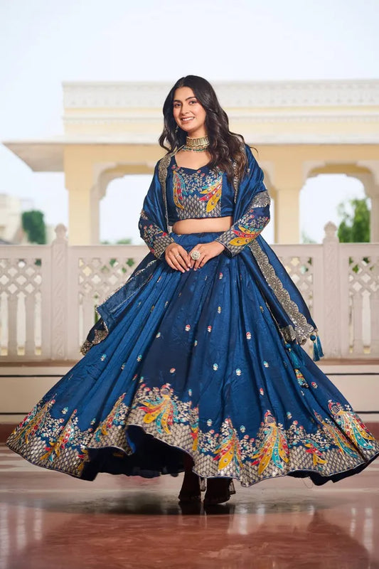 Women's Ethnic Navratri Blue Lehenga Choli with Embroidered Blouse & Bandhani Dupatta