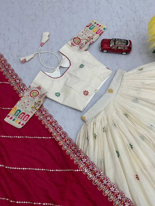 Women's Ethnic Navratri White Lehenga Choli with Embroidered Blouse & Bandhani Dupatta