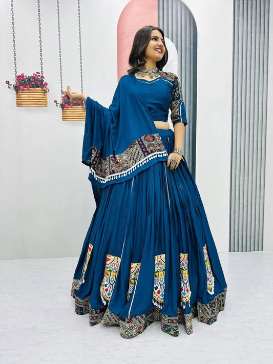 Women's Ethnic Navratri Blue Lehenga Choli with Embroidered Blouse & Bandhani Dupatta