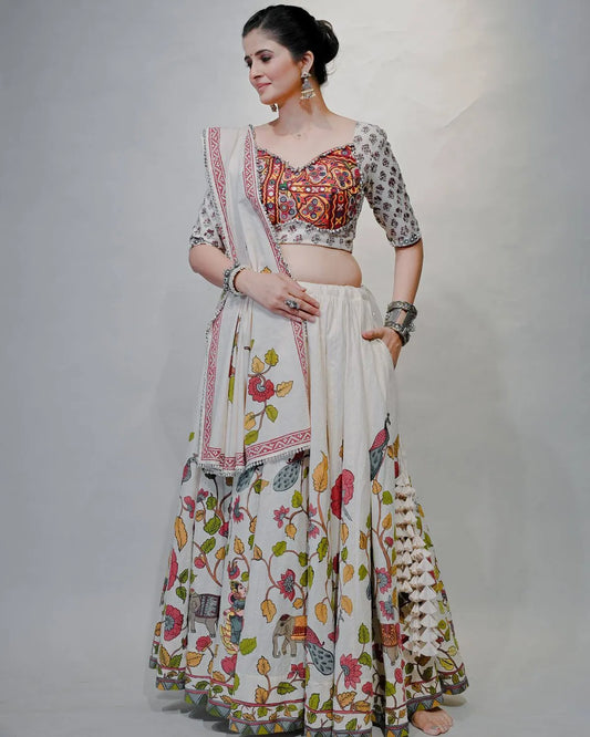 Women's Ethnic Navratri White Lehenga Choli with Embroidered Blouse & Bandhani Dupatta