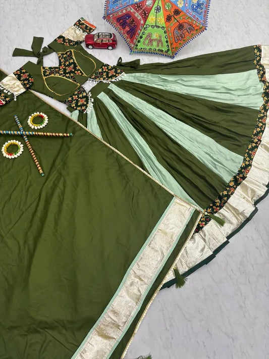 Women's Ethnic Navratri Green Lehenga Choli with Embroidered Blouse & Bandhani Dupatta