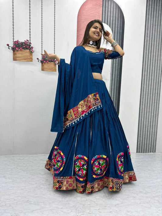 Women's Ethnic Navratri Blue Lehenga Choli with Embroidered Blouse & Bandhani Dupatta