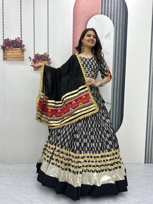 Women's Ethnic Navratri Black Lehenga Choli with Embroidered Blouse & Bandhani Dupatta