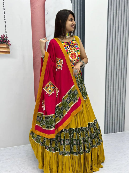 Women's Ethnic Navratri Yellow Lehenga Choli with Embroidered Blouse & Bandhani Dupatta
