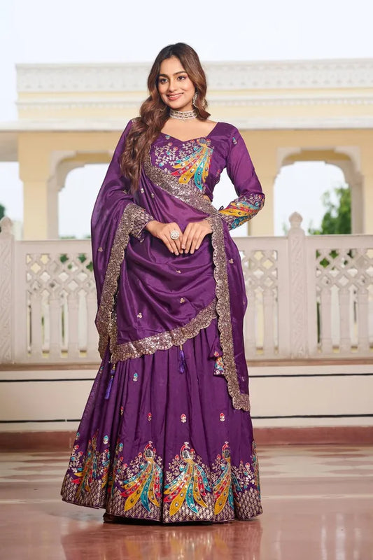 Women's Ethnic Navratri Purple Lehenga Choli with Embroidered Blouse & Bandhani Dupatta