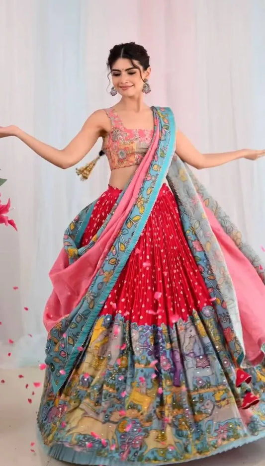 Women's Ethnic Navratri Red Lehenga Choli with Embroidered Blouse & Bandhani Dupatta