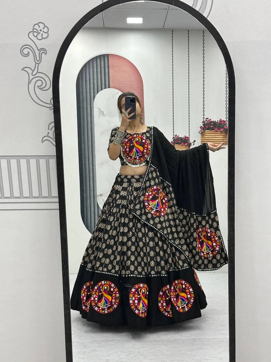 Women's Ethnic Navratri Black Lehenga Choli with Embroidered Blouse & Bandhani Dupatta