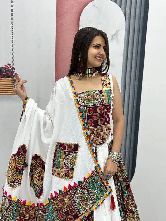 Women's Ethnic Navratri White Lehenga Choli with Embroidered Blouse & Bandhani Dupatta