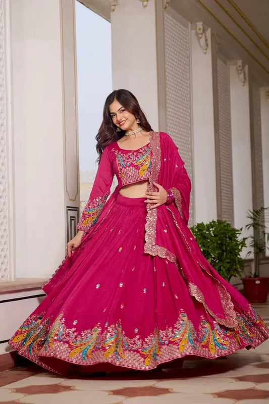 Women's Ethnic Navratri Pink Lehenga Choli with Embroidered Blouse & Bandhani Dupatta
