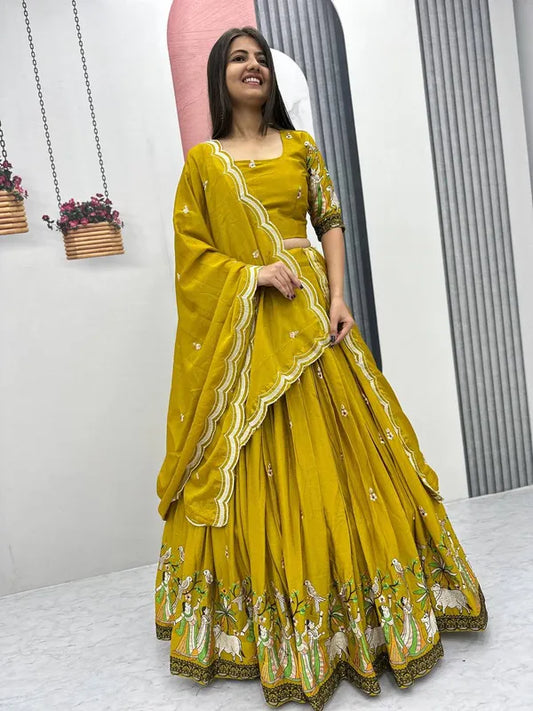 Women's Ethnic Navratri Yellow Lehenga Choli with Embroidered Blouse & Bandhani Dupatta
