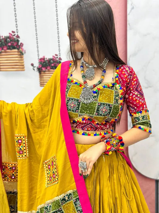 Women's Ethnic Navratri Yellow Lehenga Choli with Embroidered Blouse & Bandhani Dupatta