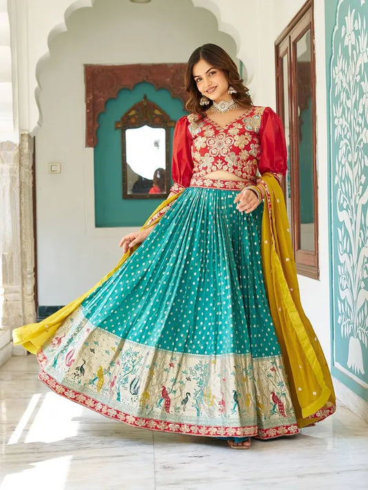 Women's Ethnic Navratri Teal Green Lehenga Choli with Embroidered Blouse & Bandhani Dupatta