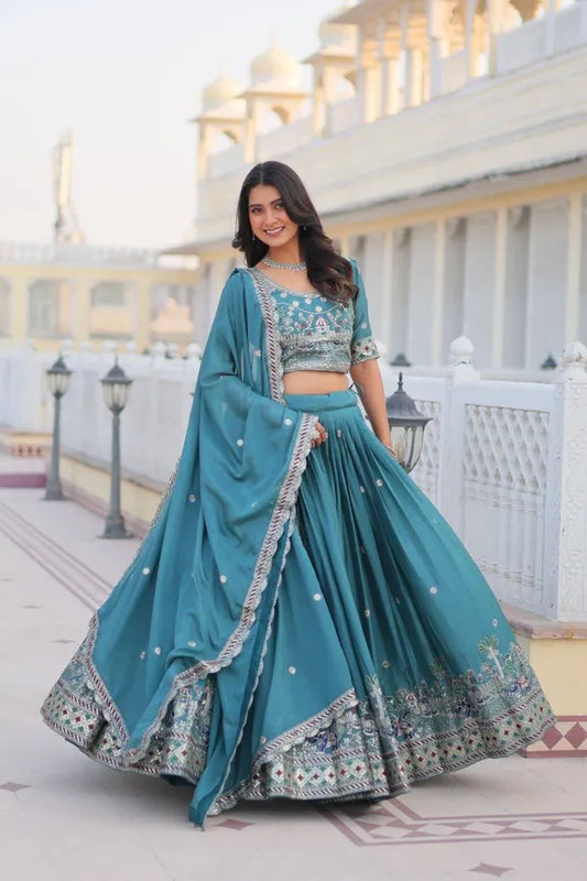 Women's Ethnic Navratri Teal Blue Lehenga Choli with Embroidered Blouse & Bandhani Dupatta