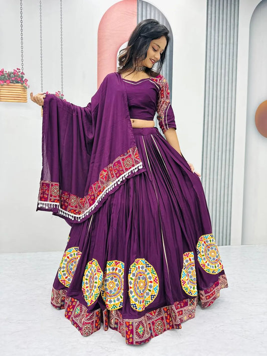 Women's Ethnic Navratri Purple Lehenga Choli with Embroidered Blouse & Bandhani Dupatta