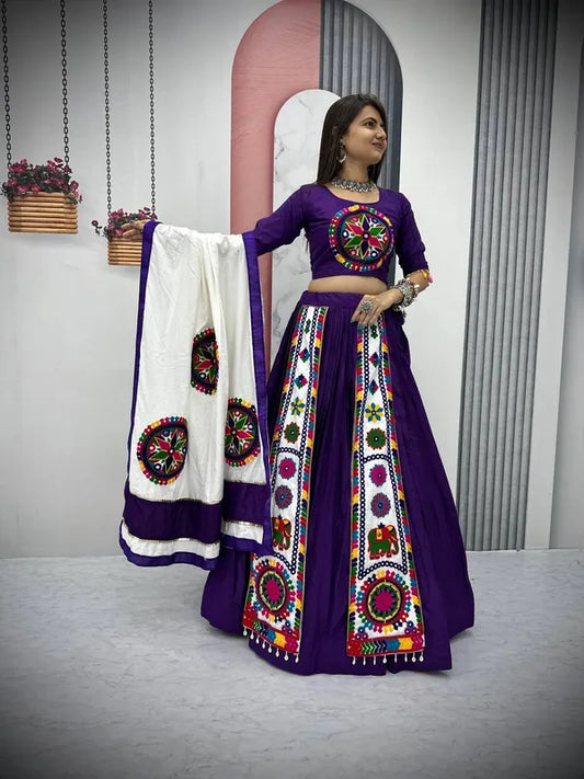 Women's Ethnic Navratri Purple Lehenga Choli with Embroidered Blouse & Bandhani Dupatta