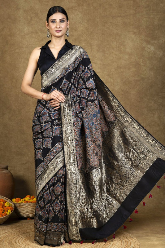 Black Beetel Ajrakh Dola Silk Saree