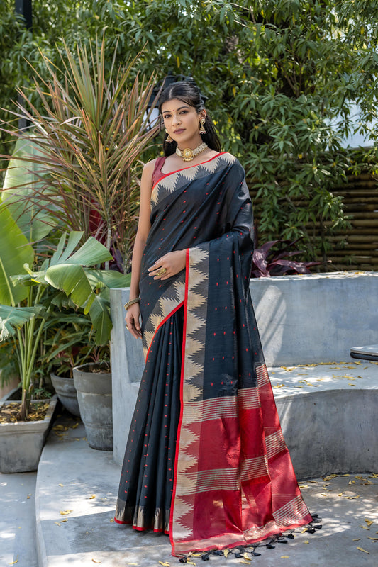 Matte Black Banarasi Tussar Silk Saree With Proficient Blouse Piece