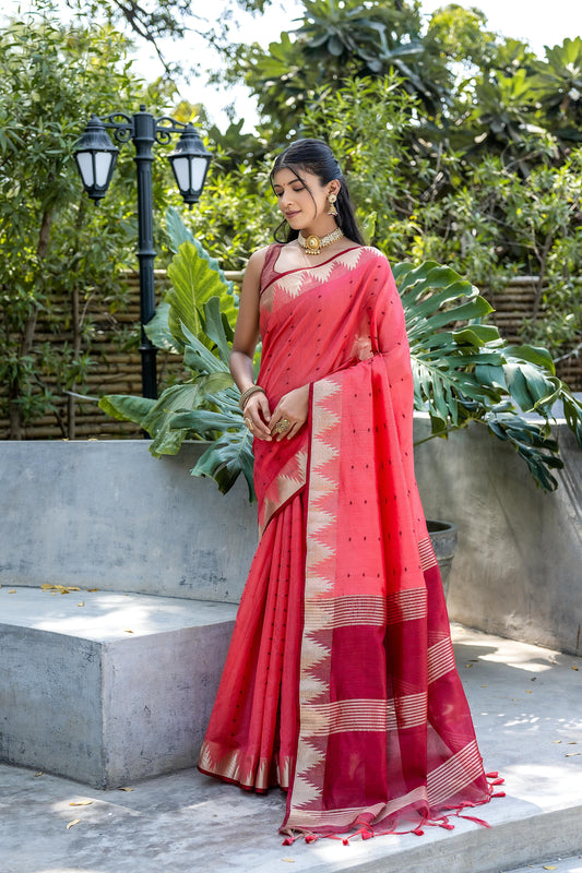 Mahogany Red Banarasi Tussar Silk Saree With Proficient Blouse Piece