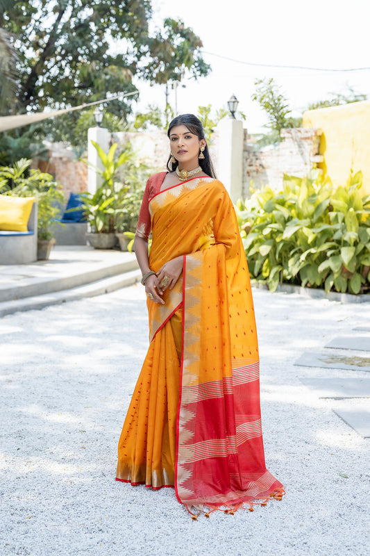 Honey Orange Banarasi Tussar Silk Saree With Proficient Blouse Piece