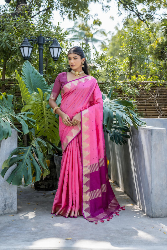 Rosy Pink Banarasi Tussar Silk Saree With Proficient Blouse Piece