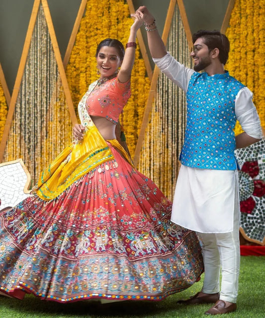 Peach Shaded Graceful Mirror Work Lehenga Choli with Designer Dupatta for Festive Ethnic Wear for Women