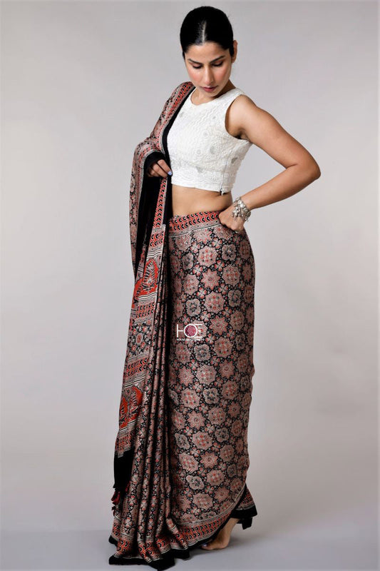 Earthy Jaal Ajrakh Modal Silk Saree