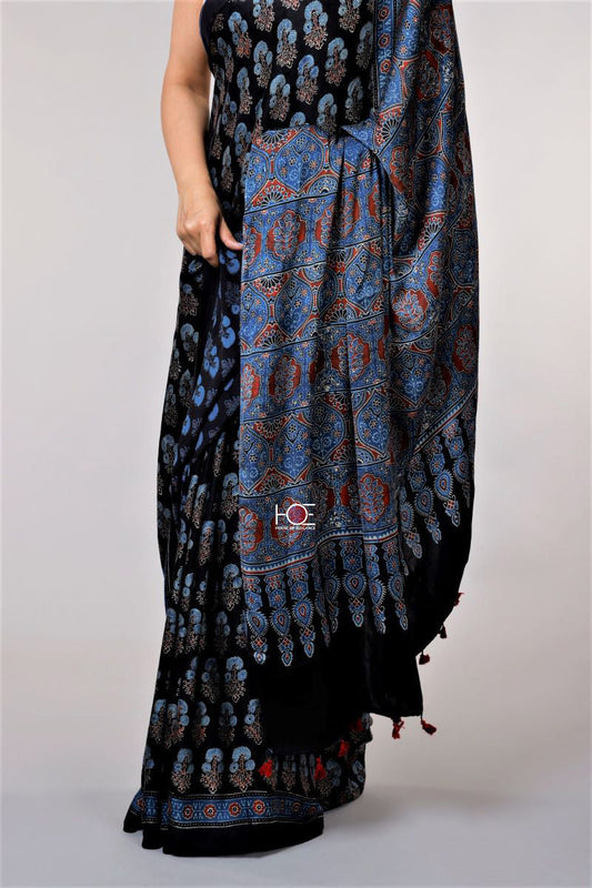 Black Kutch Flora Ajrakh Modal Silk Saree