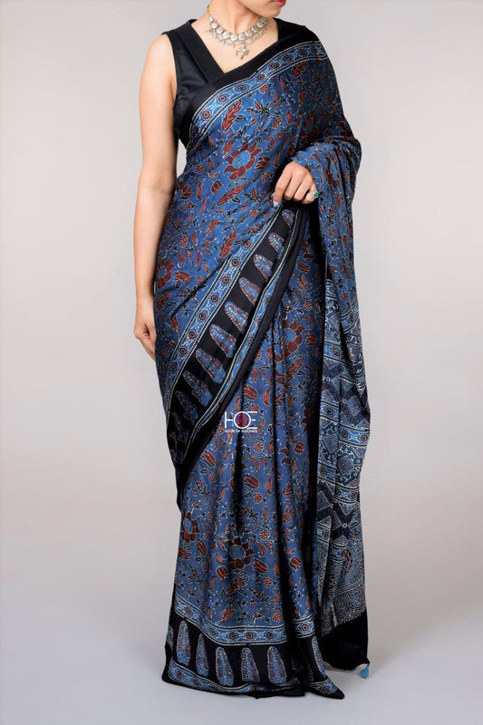 Indigo Floral Jaal Ajrakh Modal Silk Saree