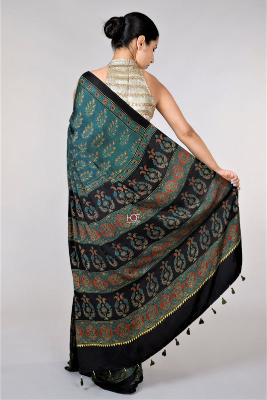 Green Leaf Ajrakh Modal Silk Saree