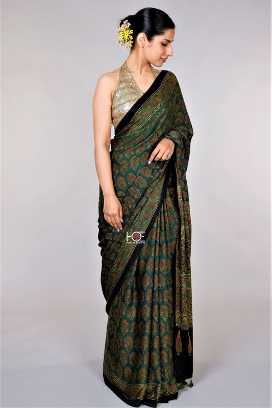 Green Kamal Butta Ajrakh Modal Silk Saree