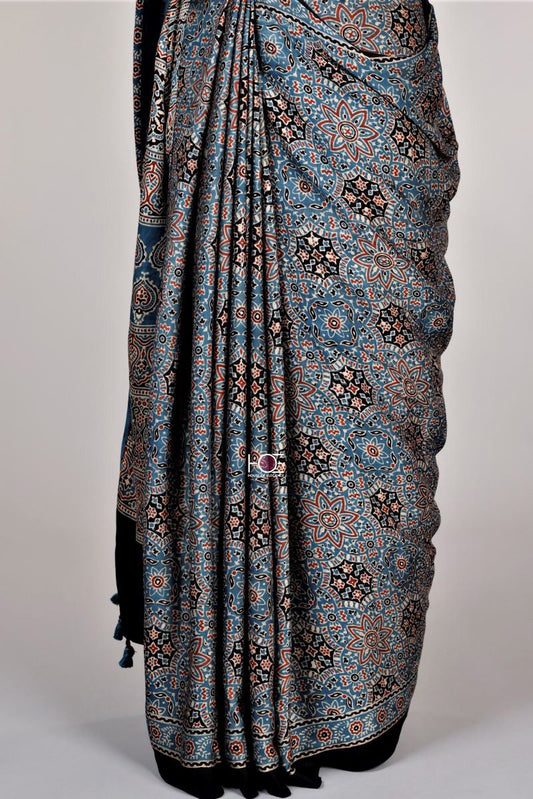 Indigo Minkundi Ajrakh Modal Silk Saree