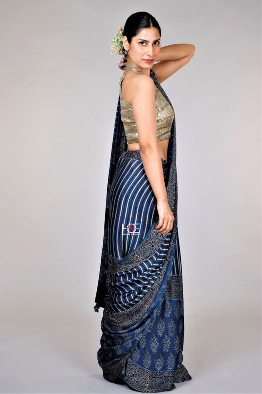 Indigo Stripe Corsages Ajrakh Modal Silk Saree