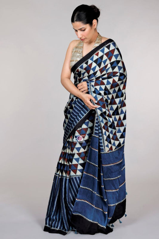 Indigo Stripe Tikon Ajrakh Modal Silk Saree