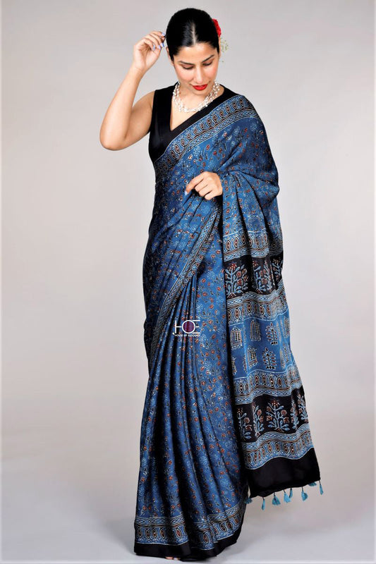 Indigo Floral Vine Ajrakh Modal Silk Saree