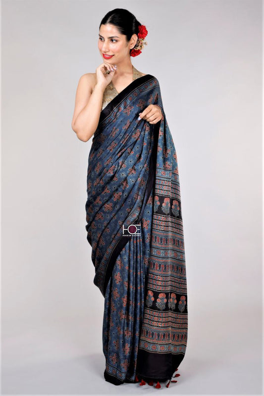Indigo Choufal Ajrakh Gajji Silk Saree