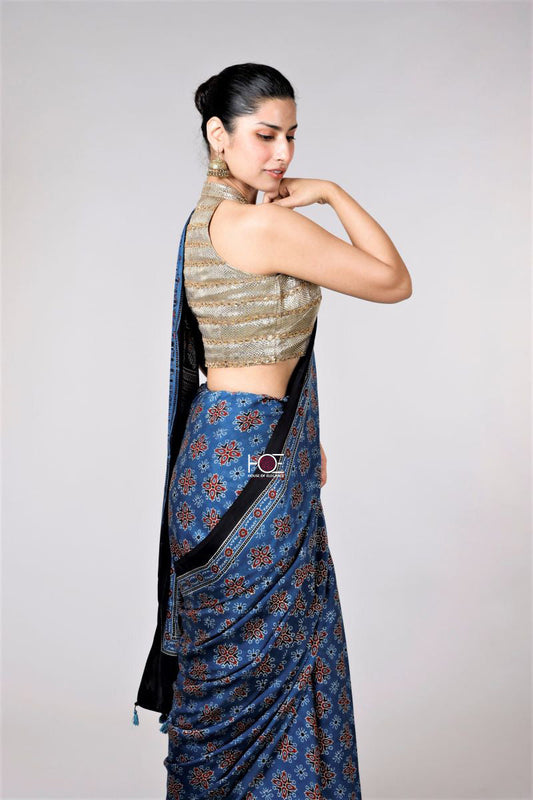 Indigo Choufal Ajrakh Modal Silk Saree