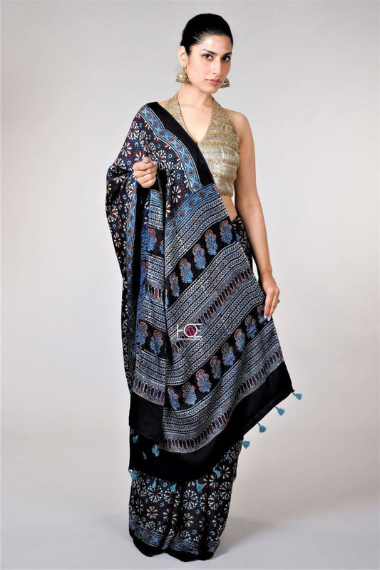 Black Starry Jaal Ajrakh Modal Silk Saree