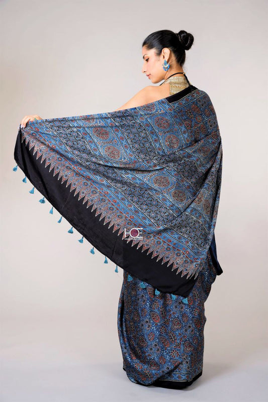 Indigo Floral Leaf Ajrakh Modal Silk Saree