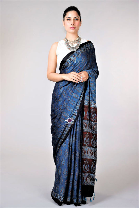 Indigo Leafy Corsages Ajrakh Modal Silk Saree