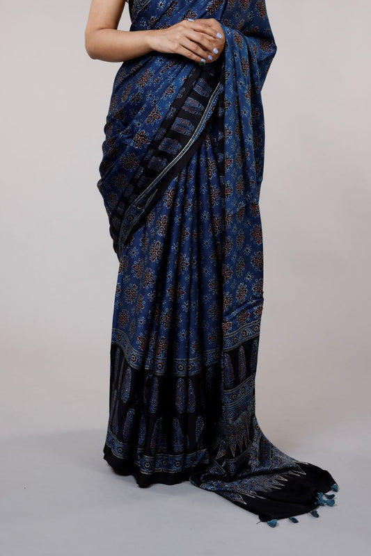 Indigo Choufal Asopalav Ajrakh Modal Silk Saree