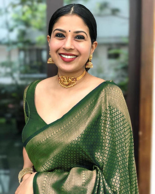 Green Soft Silk Saree With Demure Blouse Piece