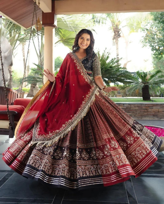 Black And Red Graceful Mirror Work Lehenga Choli with Designer Dupatta for Festive Ethnic Wear for Women