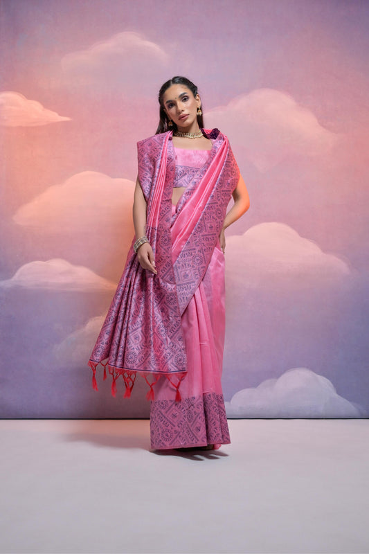 Shimmer Pink Handloom Woven Raw Silk Saree With Blouse Piece With Fancy Tassels
