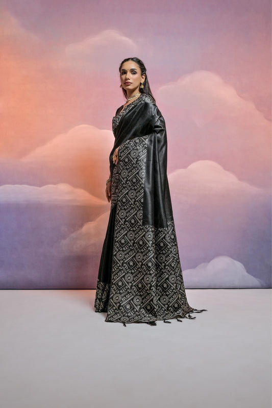 Night Rider Black Handloom Woven Raw Silk Saree With Blouse Piece With Fancy Tassels