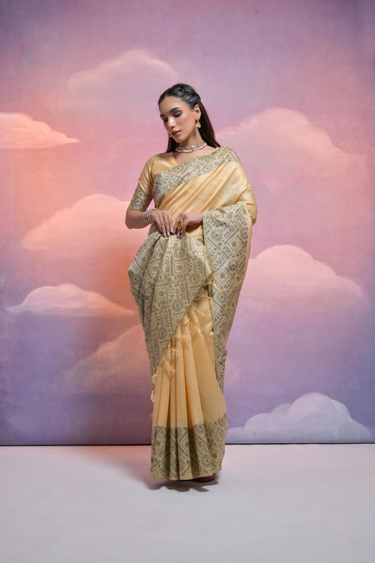 Butter Cream Handloom Woven Raw Silk Saree With Blouse Piece With Fancy Tassels