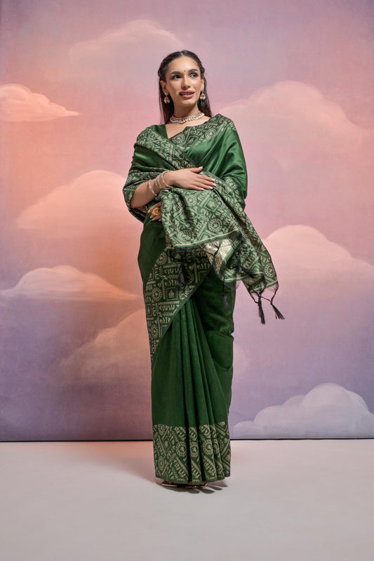 Glitter Green Handloom Woven Raw Silk Saree With Blouse Piece With Fancy Tassels