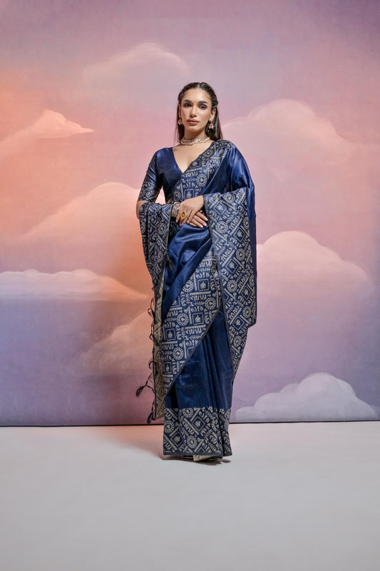 Cybister Blue Handloom Woven Raw Silk Saree With Blouse Piece With Fancy Tassels