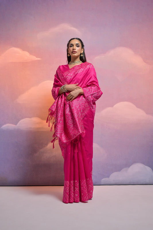 Mulberry Pink Handloom Woven Raw Silk Saree With Blouse Piece With Fancy Tassels