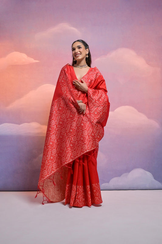 Poppies Red Handloom Woven Raw Silk Saree With Blouse Piece With Fancy Tassels